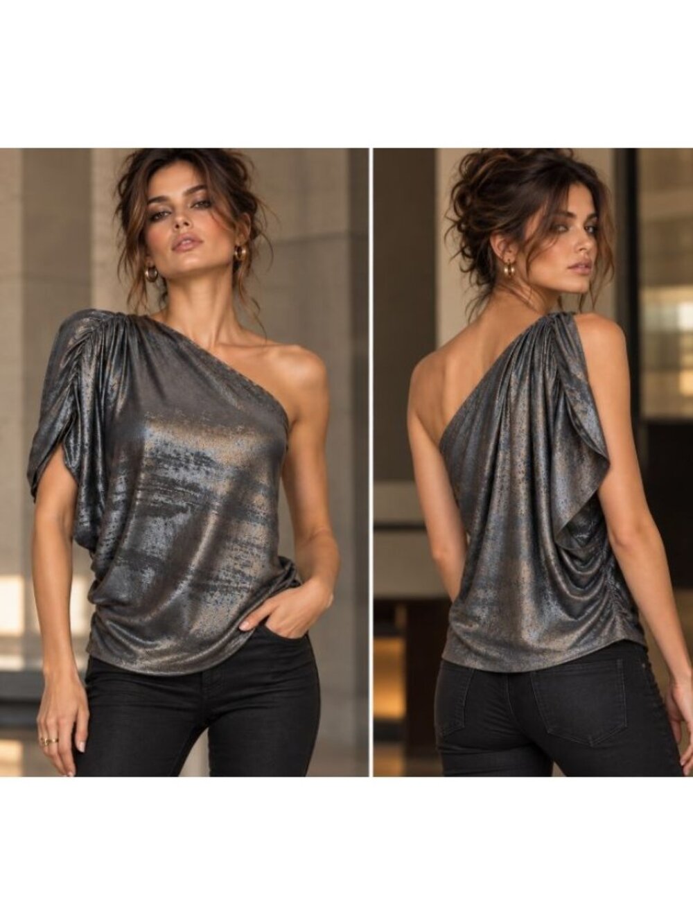 Alice + Olivia Metallic One Shoulder Draped Top Silver Pewter Evening Party XS